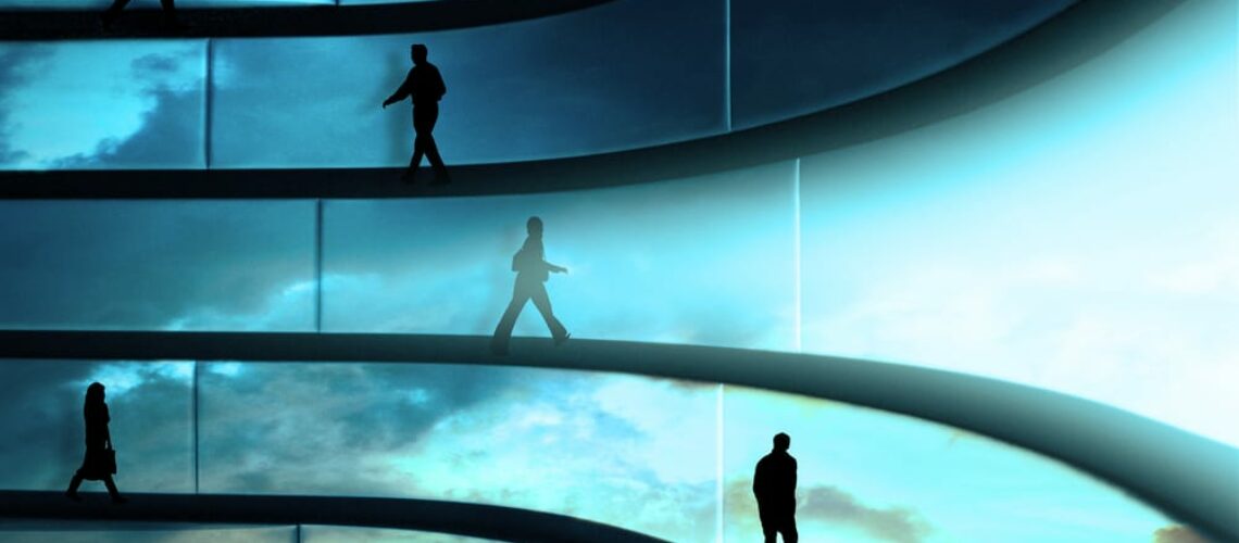 walking people in front of blue area sky light futuristic building automation